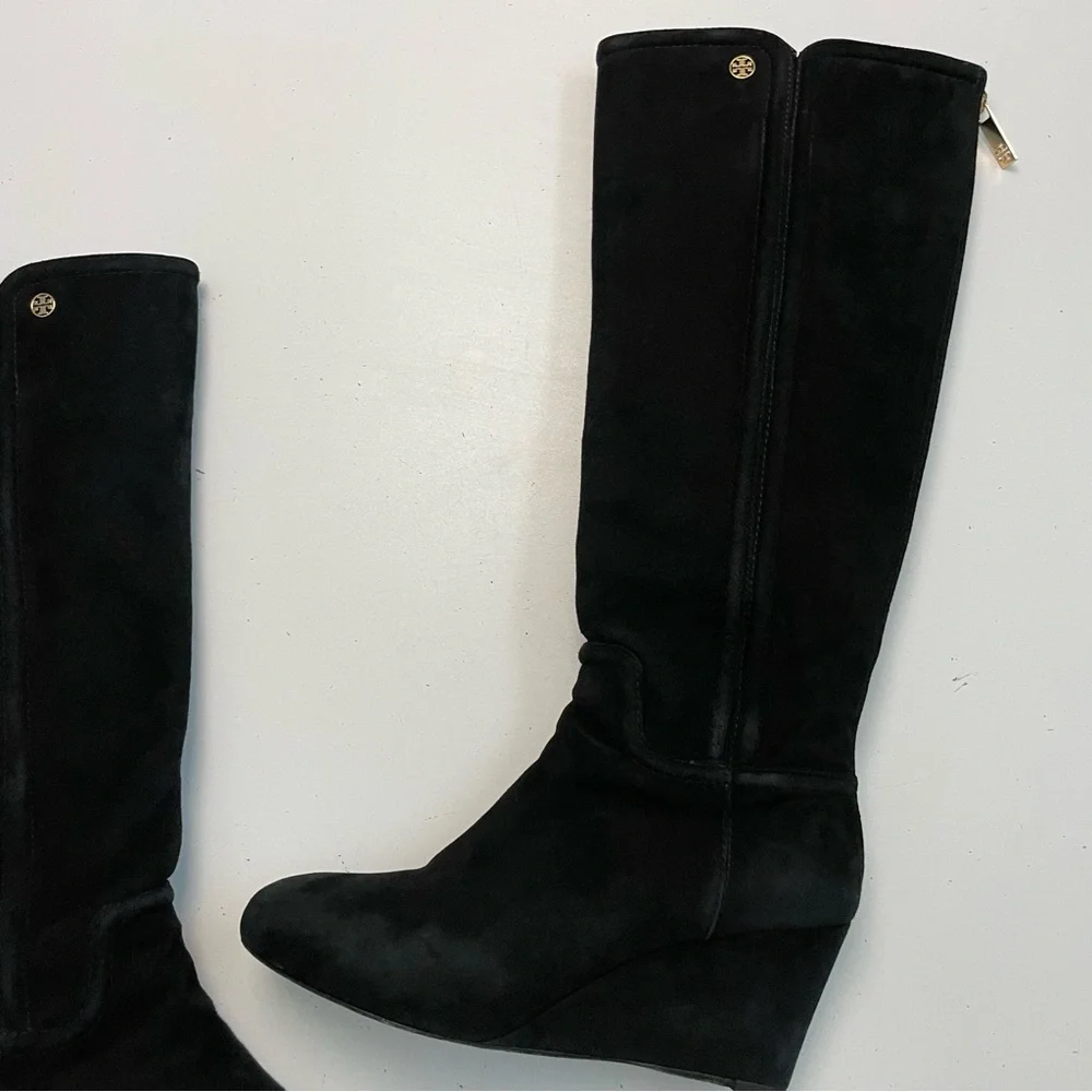 Tory Burch Boots Irene Wedge Tall Softy Suede Leather Logo Black